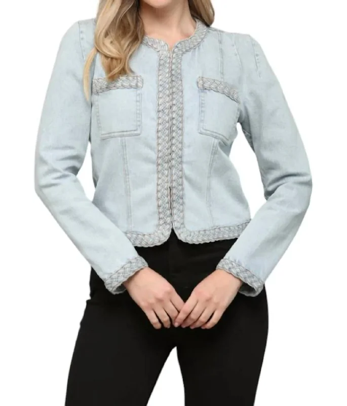 women's wool coatsBraided Trim Jean Jacket In Light Denim