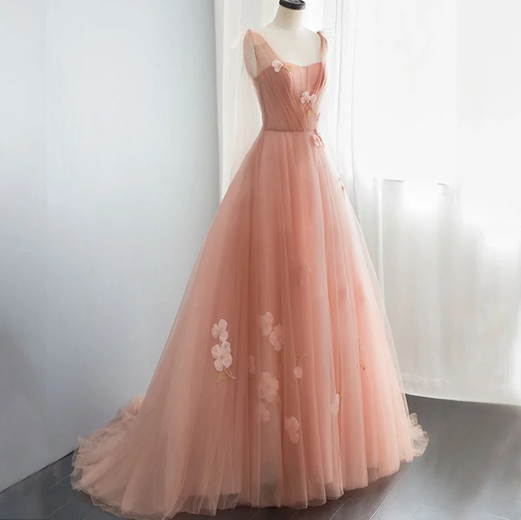 women's evening dressesPink tulle lace long prom dress, pink evening dress  7892