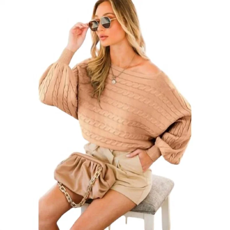 Elegant SweatersBoat Neck Cable Knitted Sweater In Mocha