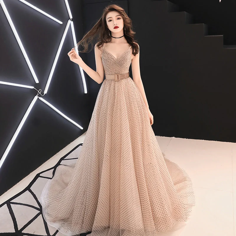 Pastel DressStylish v neck tulle long prom dress, evening dress  7908