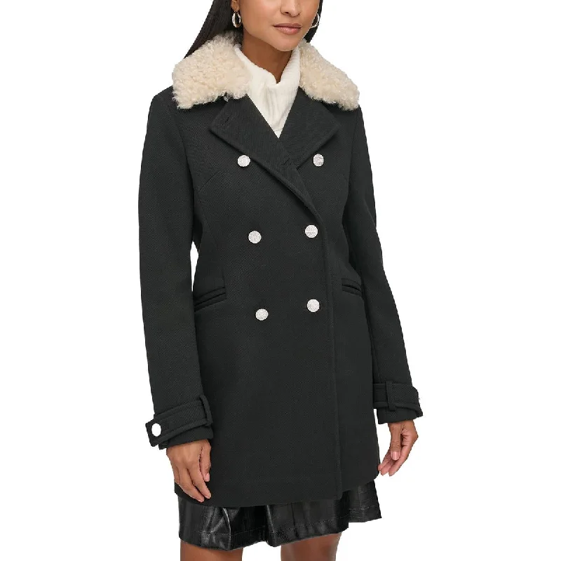 women's coats for business casual attireWomens Double Breasted Faux Fur Collar Pea Coat