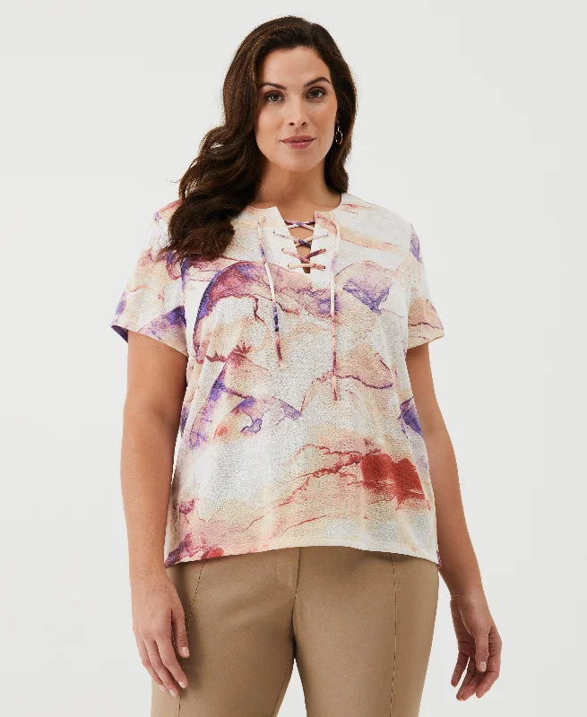 women's tops for mixing and matching with different bottomsPlus Size Eco Watercolor Print Lace-Up Tee