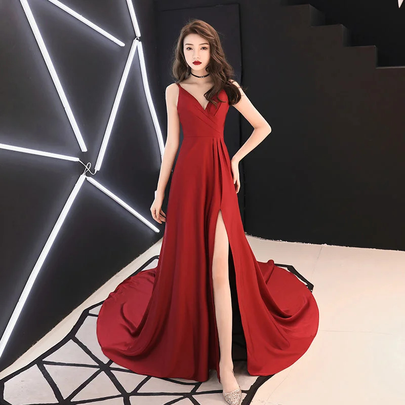 Sweetheart Neckline DressBurgundy v neck chiffon long prom dress, evening dress  7905