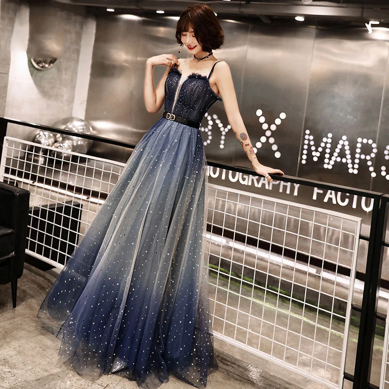 Empire DressDark blue tulle long prom dress, evening dress  7983