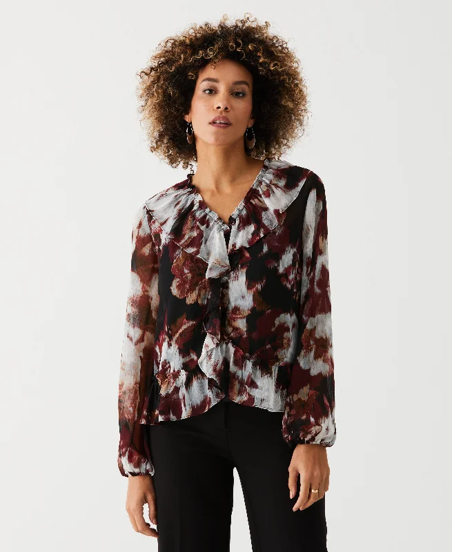 women's tops for those who want to make a bold fashion statement with their choice of topsPetite Printed V-Neck Ruffle Blouse