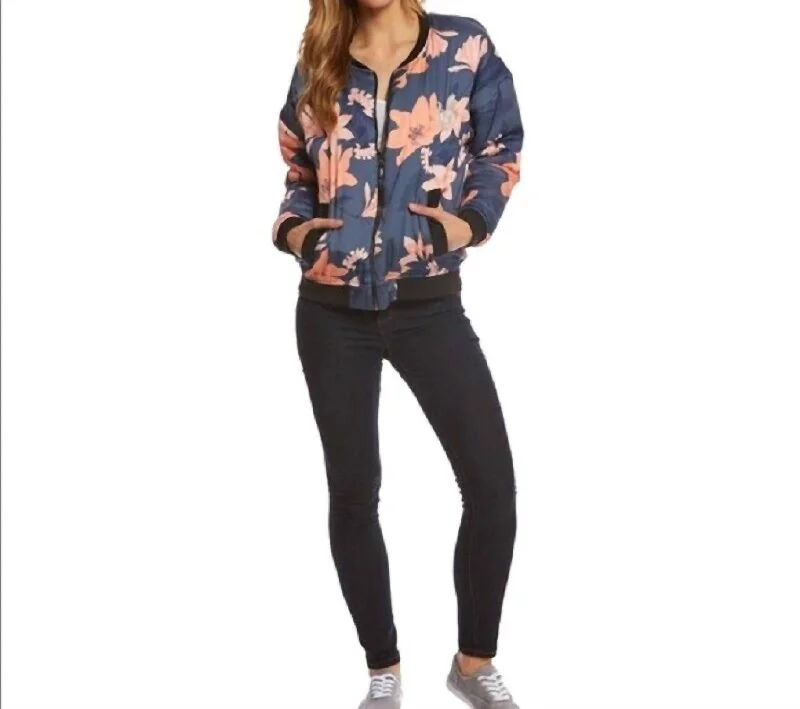 women's coats with cinched waistsFloral Print Bomber Zip Up Puff Jacket In Blue, Pink