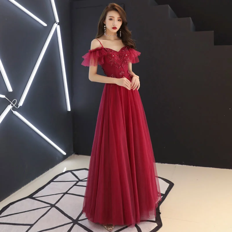 Zipper DressBurgundy tulle lace long prom dress, burgundy evening dress  7967