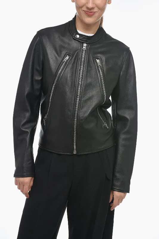 plus-size women's coatsMaison Margiela MM6 Leather Biker Jacket with Zipped Sleeves