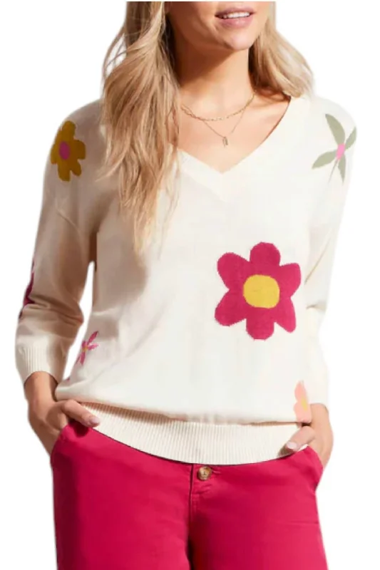 Colorful Comfortable Casual SweatersV-Neck Jacquared Sweater In Sandust