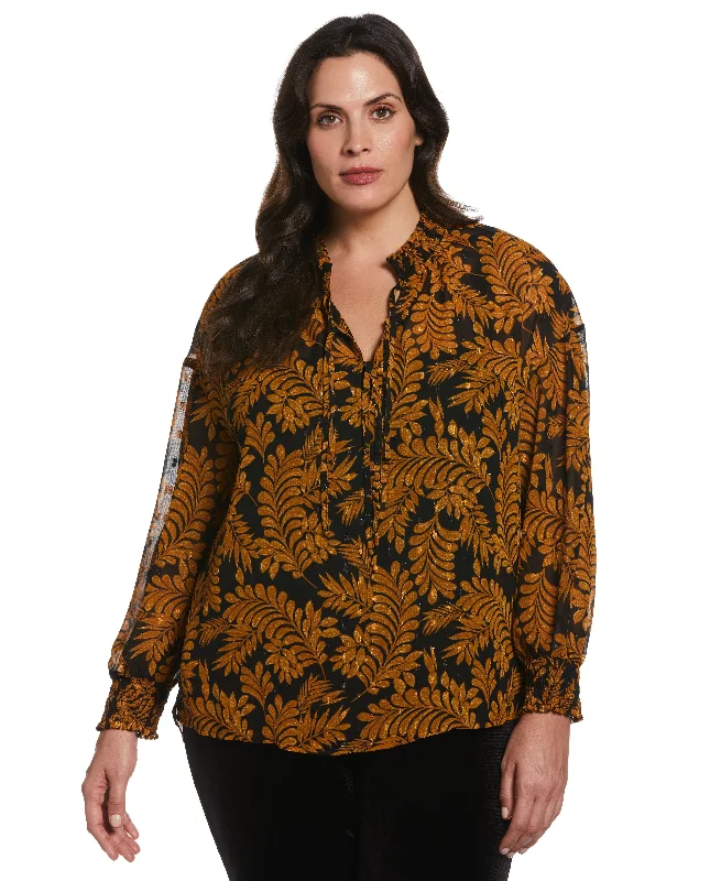 women's tops made from cottonPlus Size Metallic Leaves Print Blouse