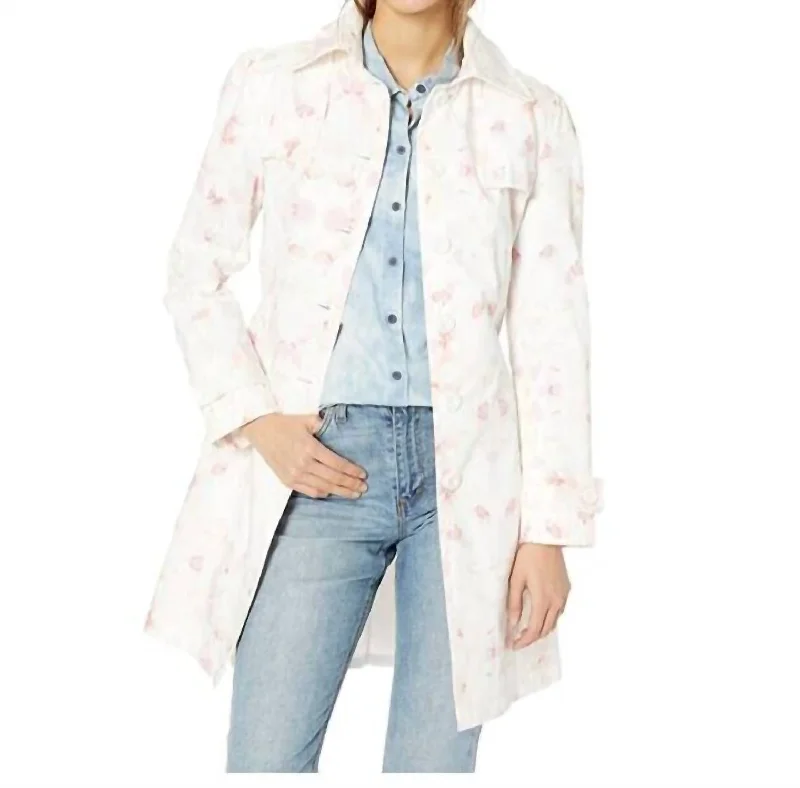 sustainable women's coatsFloral Print Spring Poplin Trench Coat In Pink, White