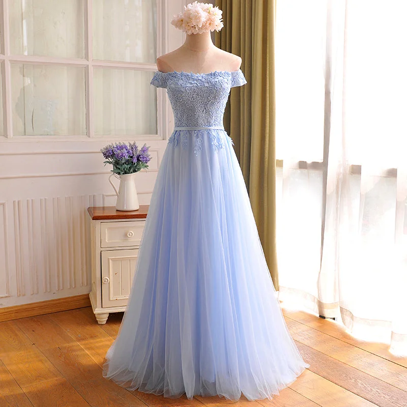 women's limited-edition dressesBlue tulle lace long prom dress, blue evening dress  8012