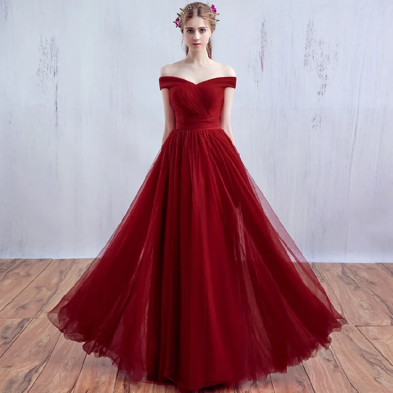 Body-Hugging DressBurgundy v neck tulle long prom dress, burgundy evening dress  7902