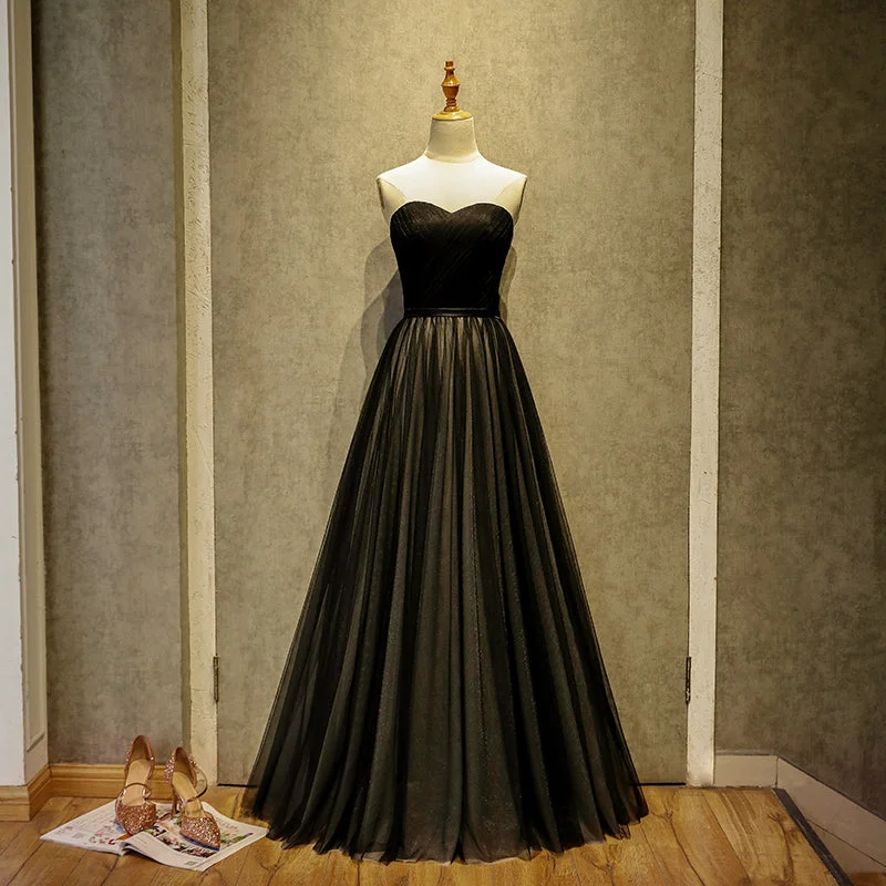 Denim DressBlack sweetheart neck tulle long prom dress, black evening dress  7926