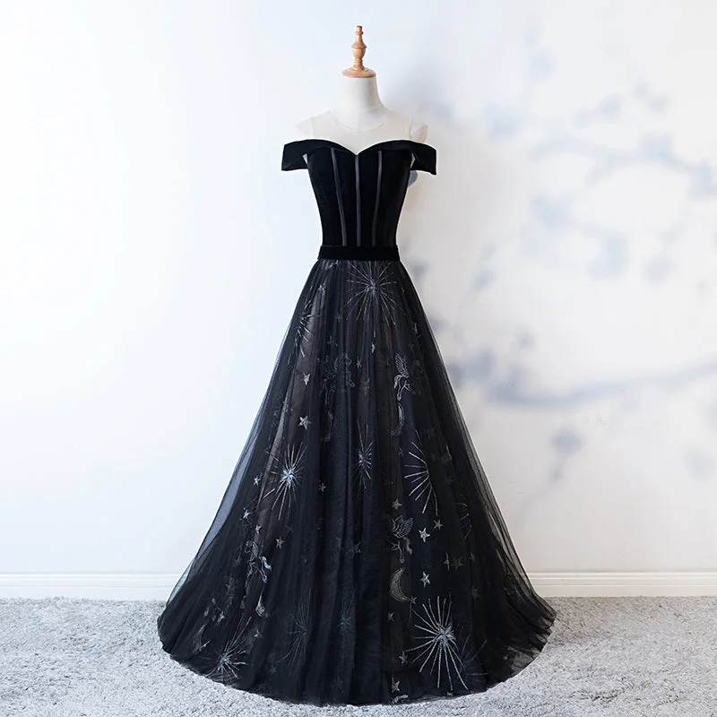 Cocktail DressBlack tulle velvet long prom dress, evening dress  7992