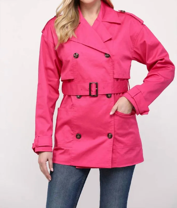 women's coats for hikingBelted Short Trench Coat In Fuchsia