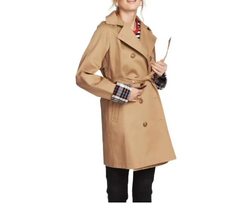 women's coats for tall womenPlaid Lined Double Breasted Trench Coat In Tan