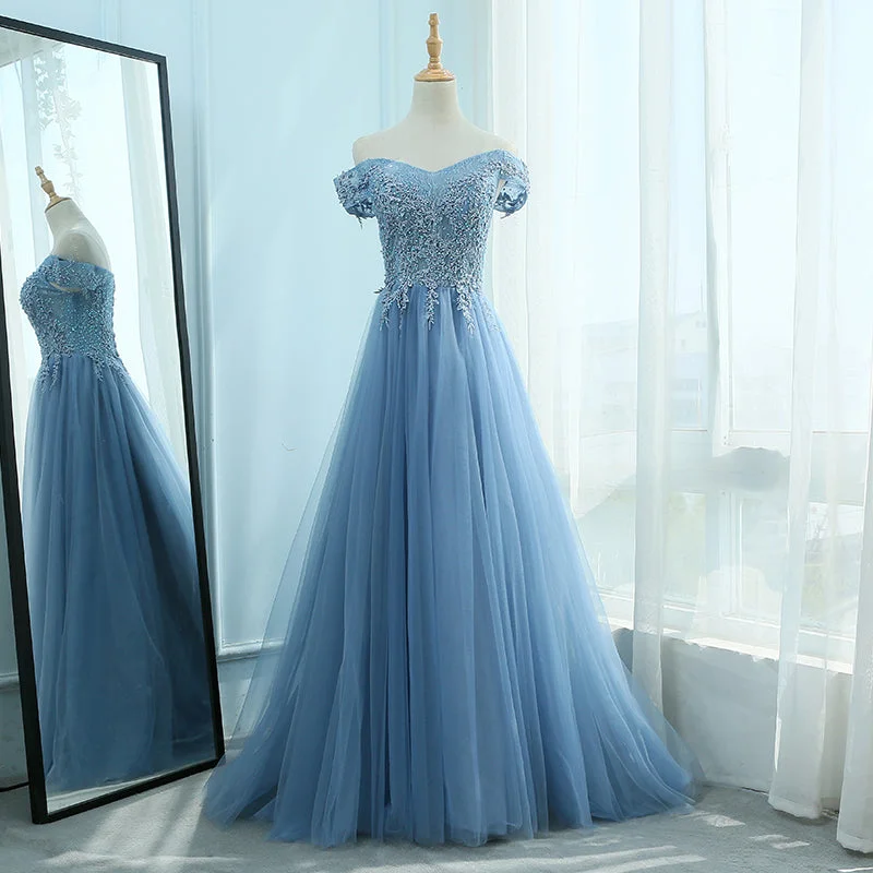 Tulle DressBlue tulle lace long prom dress, blue evening dresses  7960