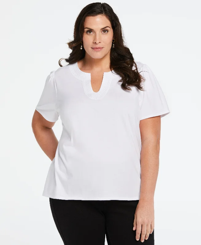 women's tops for those who want to create outfits that are both unique and memorablePlus Size 100% Cotton Jersey Top with Woven Trim