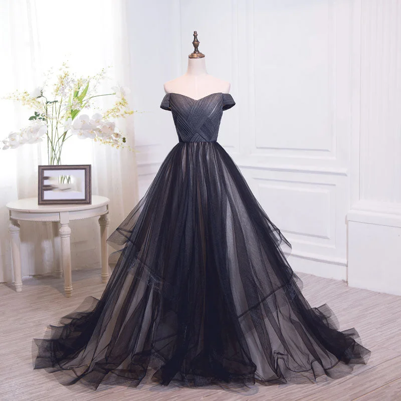 Nursing DressBlack tulle off shoulder long prom dress, black evening dress  7899