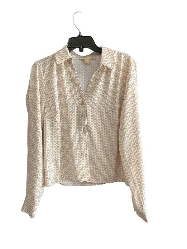 women's tops with ruffled hemsTop Long Sleeve Designer By Michael By Michael Kors In Tan & White, Size: M