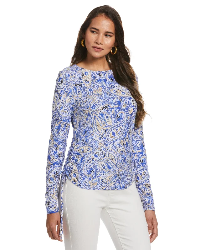 trendy women's topsPetite Seaside Paisley Print Knit Side Ruched Top