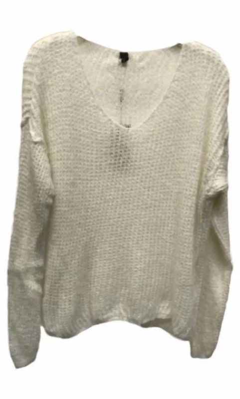 Knitted Crewneck SweatersWomen's Lurex Ultra Soft Open Knit V Neck Top In White