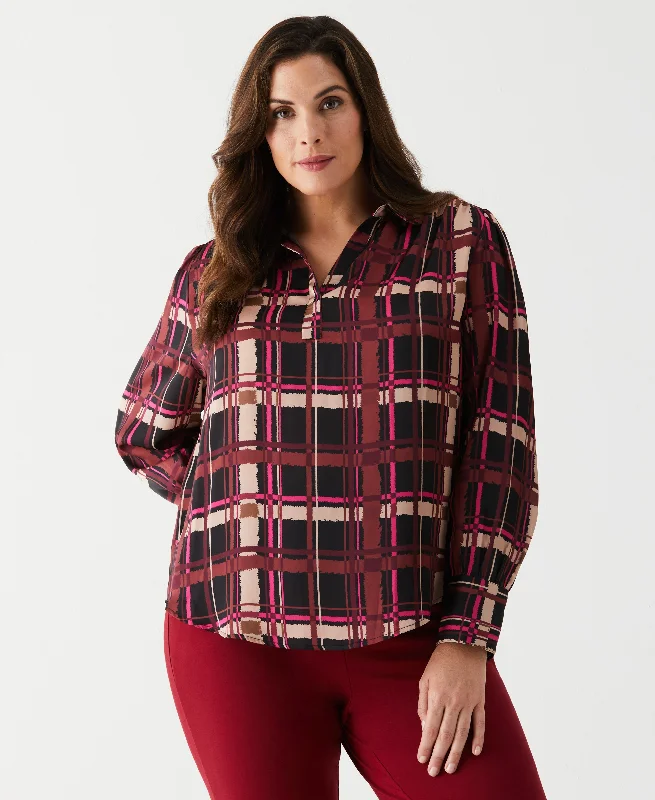 women's tops with cold-shoulder cuts and lace detailingPlus Size Plaid Shirred Split Neck Blouse