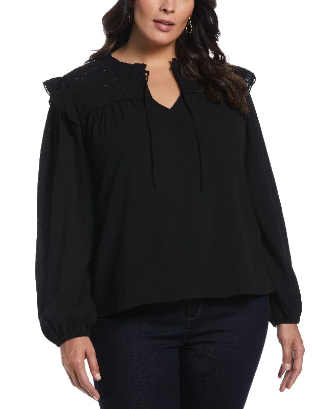 women's tops for those who believe in expressing their individuality through fashionPlus Size Eyelet Yoke Ruffle Gauze Blouse