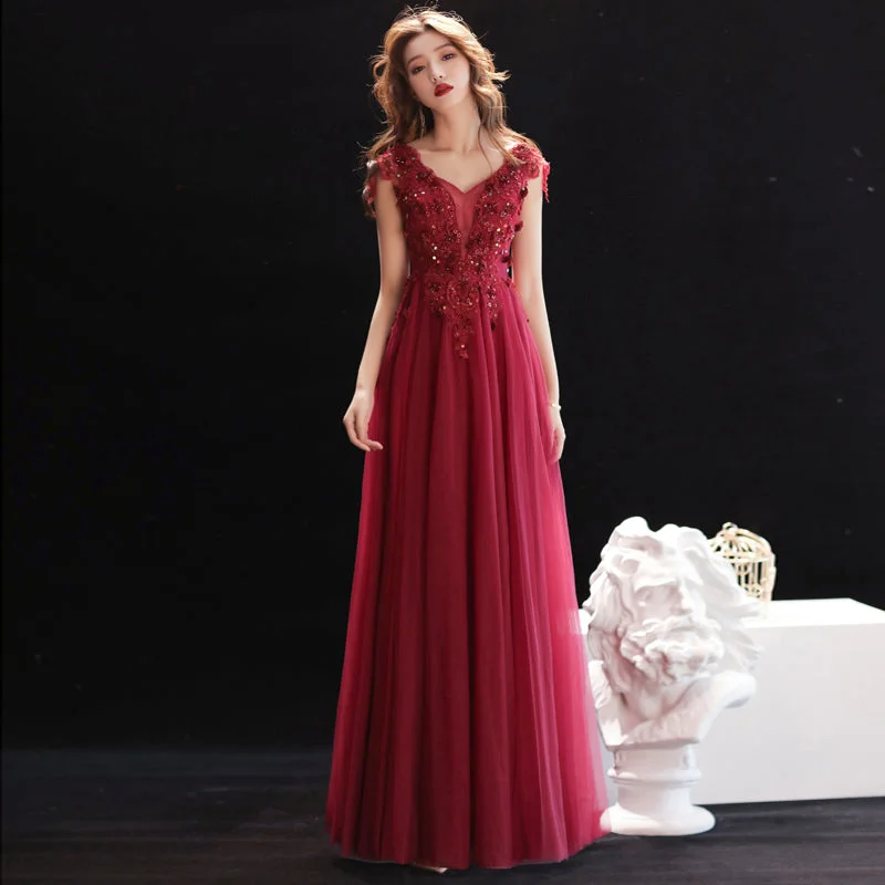 Bell-Sleeve DressBurgundy v neck lace sequins long prom dress, evening dress  7968