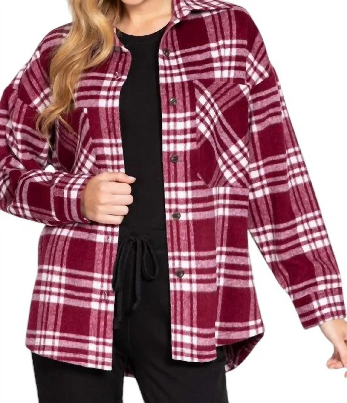 women's duffle coatsLeslie Oversized Plaid Shacket In Burgundy