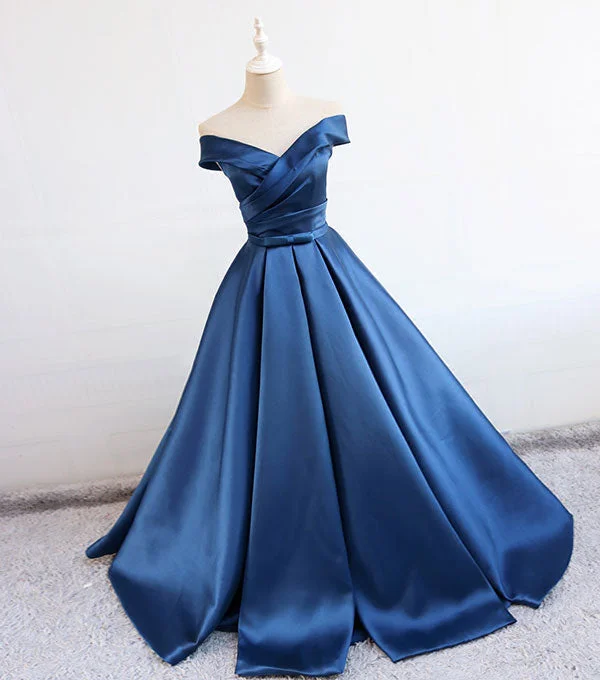 Vintage DressBlue v neck satin long prom dress, blue evening dress  7897