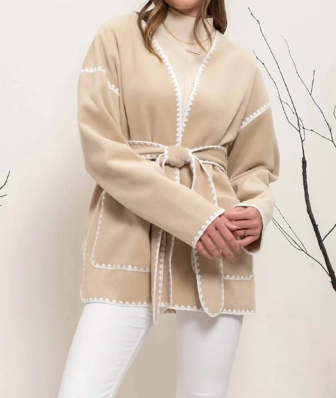 women's coats with sheer overlaysScallop Whipstitch Belted Cardigan In Beige