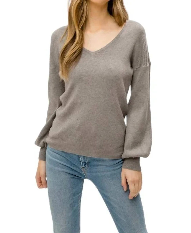 Flannel Knitted Crewneck SweatersMaika Balloon Sleeve V-Neck Sweater In Gray