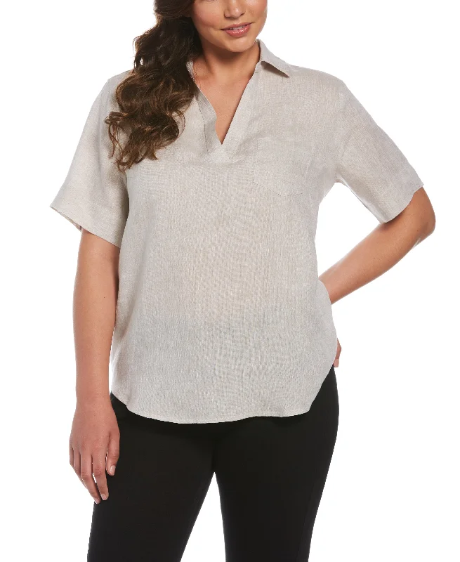 women's tops for fashion-conscious professionalsPetite Split Neck Linen Top