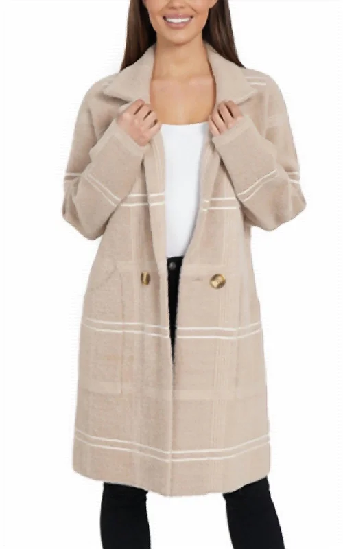 women's coats with lace detailingPlaid Collared Double-Button Coatigan In Beige