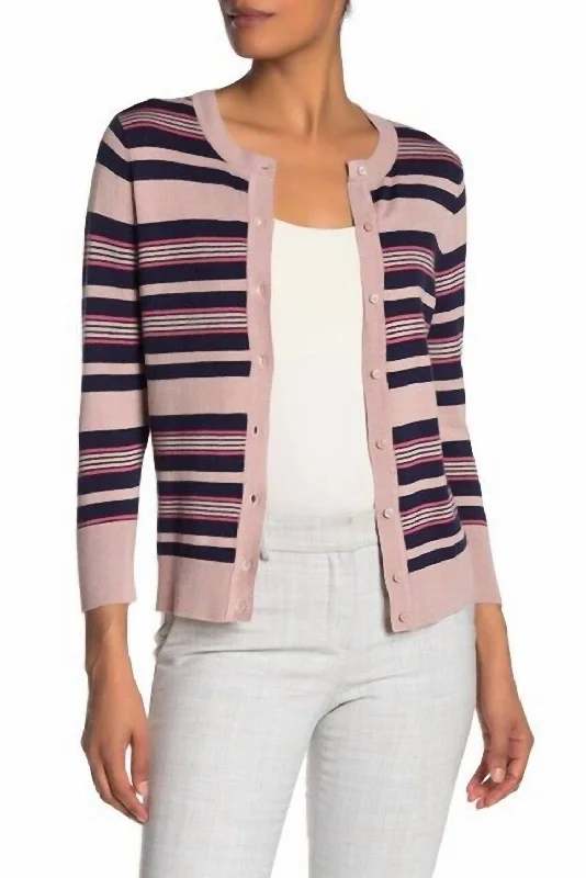 Comfortable SweatersStriped Crew Neck Knit Cardigan In Pink, Navy