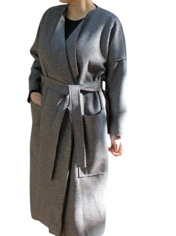 women's coats for vintage fashion enthusiastsBelted Tie Coat In Herringbone Pattern In Light Grey