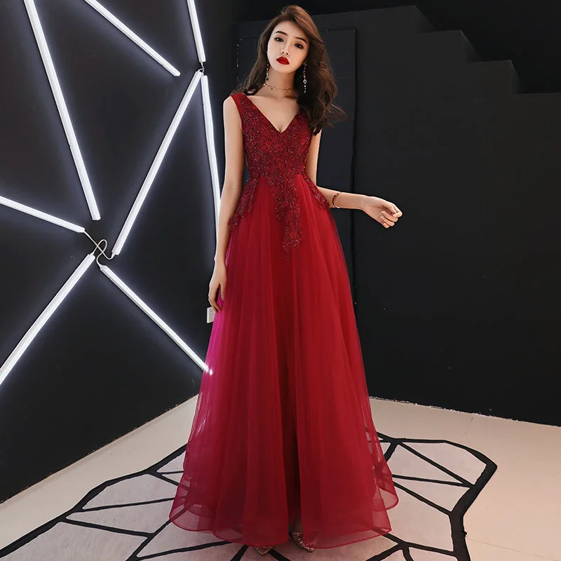 Casual DressBurgundy v neck tulle lace long prom dress, evening dress  8004