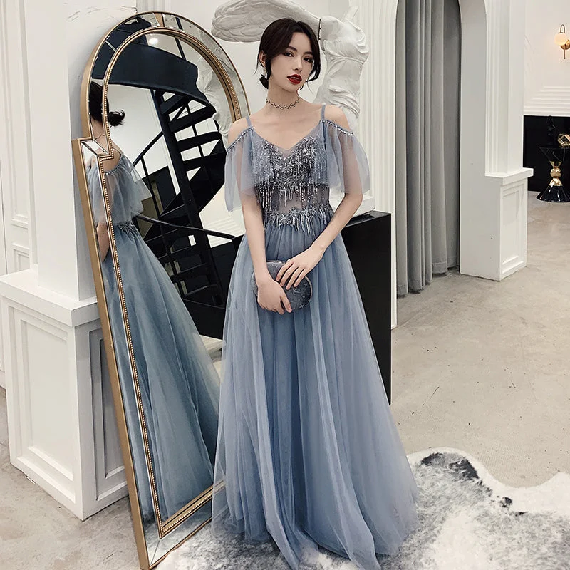 Silk DressCute v neck tulle sequins prom dress, gray evening dress  7964