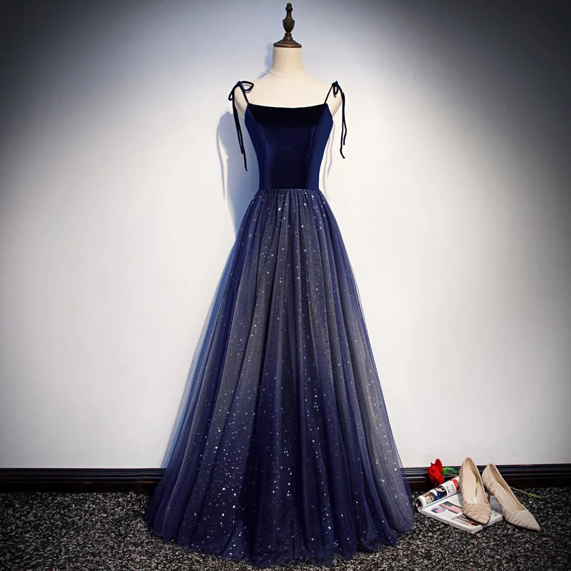 Floral DressBlue tulle velvet long prom dress, blue evening dress  7914