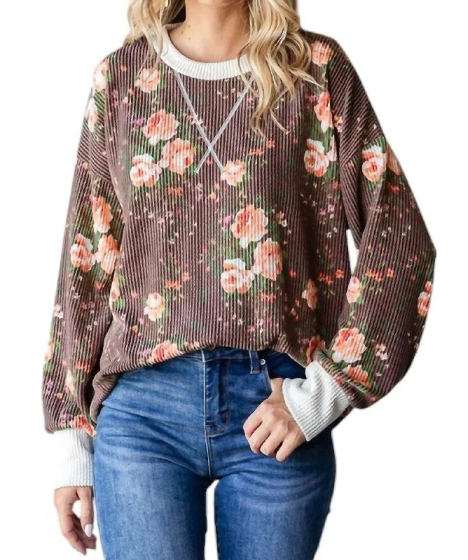 Crewneck Designer Fair Isle SweatersCindy Ribbed Floral Pullover In Brown