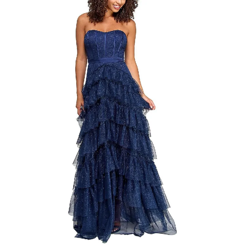 High-Neck DressPear Culture Womens Juniors Glitter Tiered Evening Dress