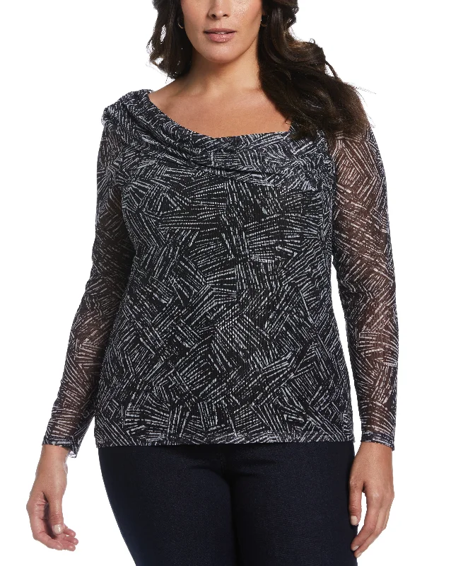 women's tops for casual FridaysPlus Size Printed Asymmetrical Mesh Top