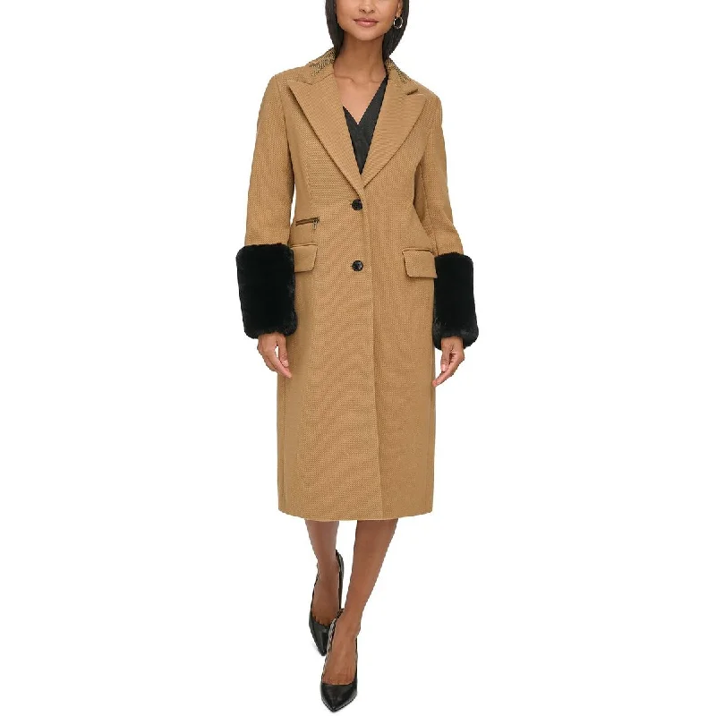 women's coats with geometric patternsWomens Embellished Faux Fur Cuff Pea Coat