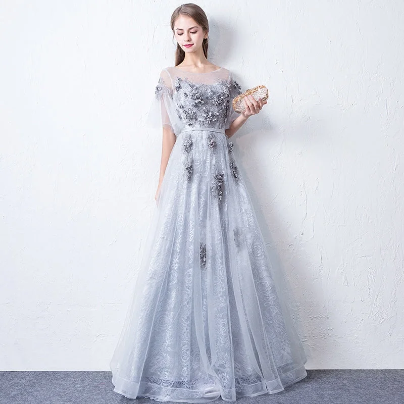 Jersey DressGray round neck tulle lace long prom dress, evening dress  7942