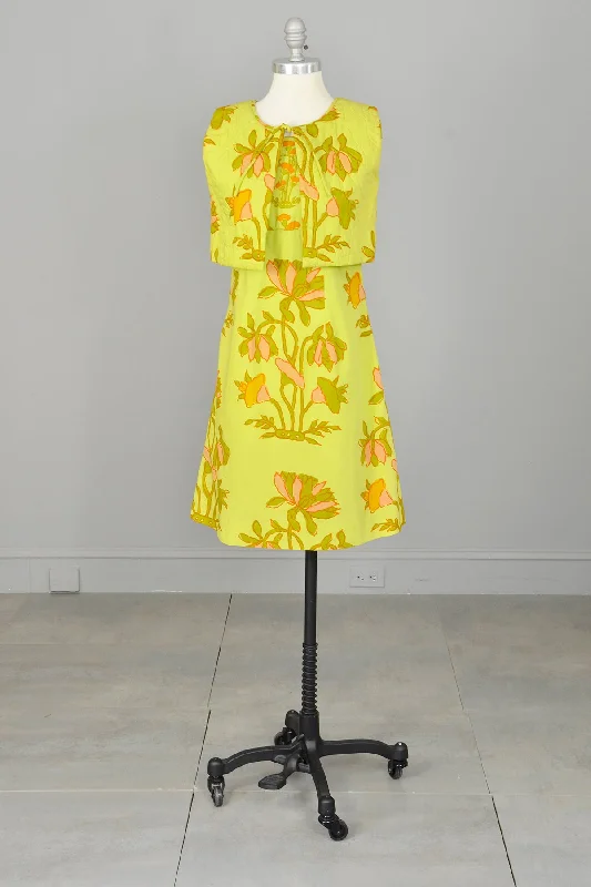 women's casual dresses1960s Chartreuse Op Art Tropical Floral Print A-Line Mini Dress and Quilted Cropped Vest | Design Thai Bangkok | 1960s Mini Dress