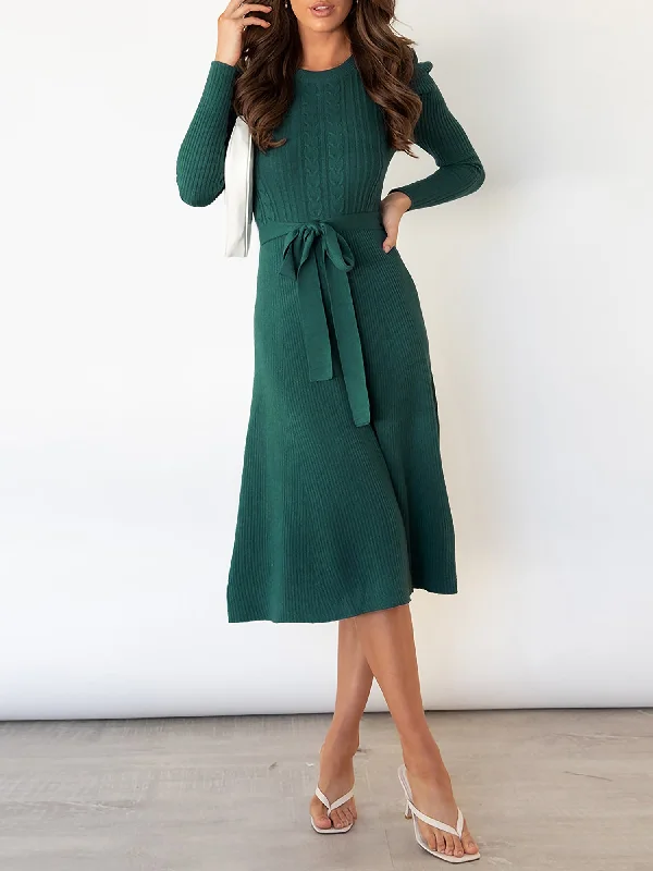 women's long-sleeved dressesPuff Long Sleeves Knitted Lace-Up Midi Sweater Dress