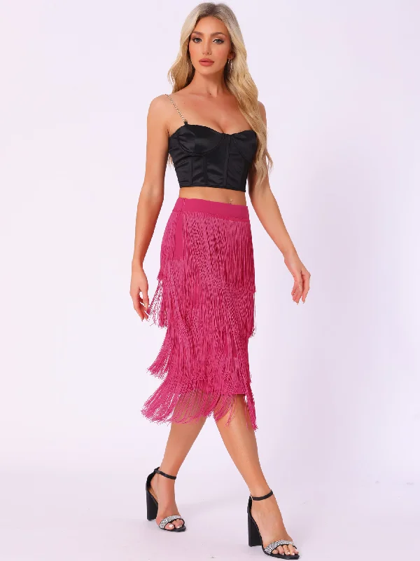 women's bespoke dressesTiered Tassel Fringe Party Club Midi Skirt