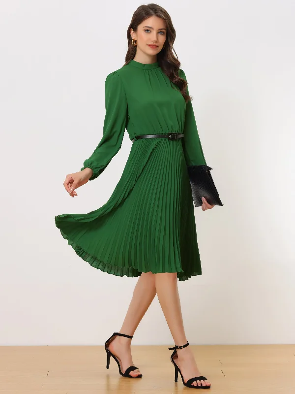 women's evening dressesStand Collar Long Sleeve Belted Pleated Midi Dress